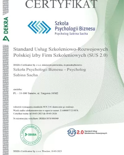 Certyfikat SUS 2.0 PL Szkoła Psychologii Biznesu